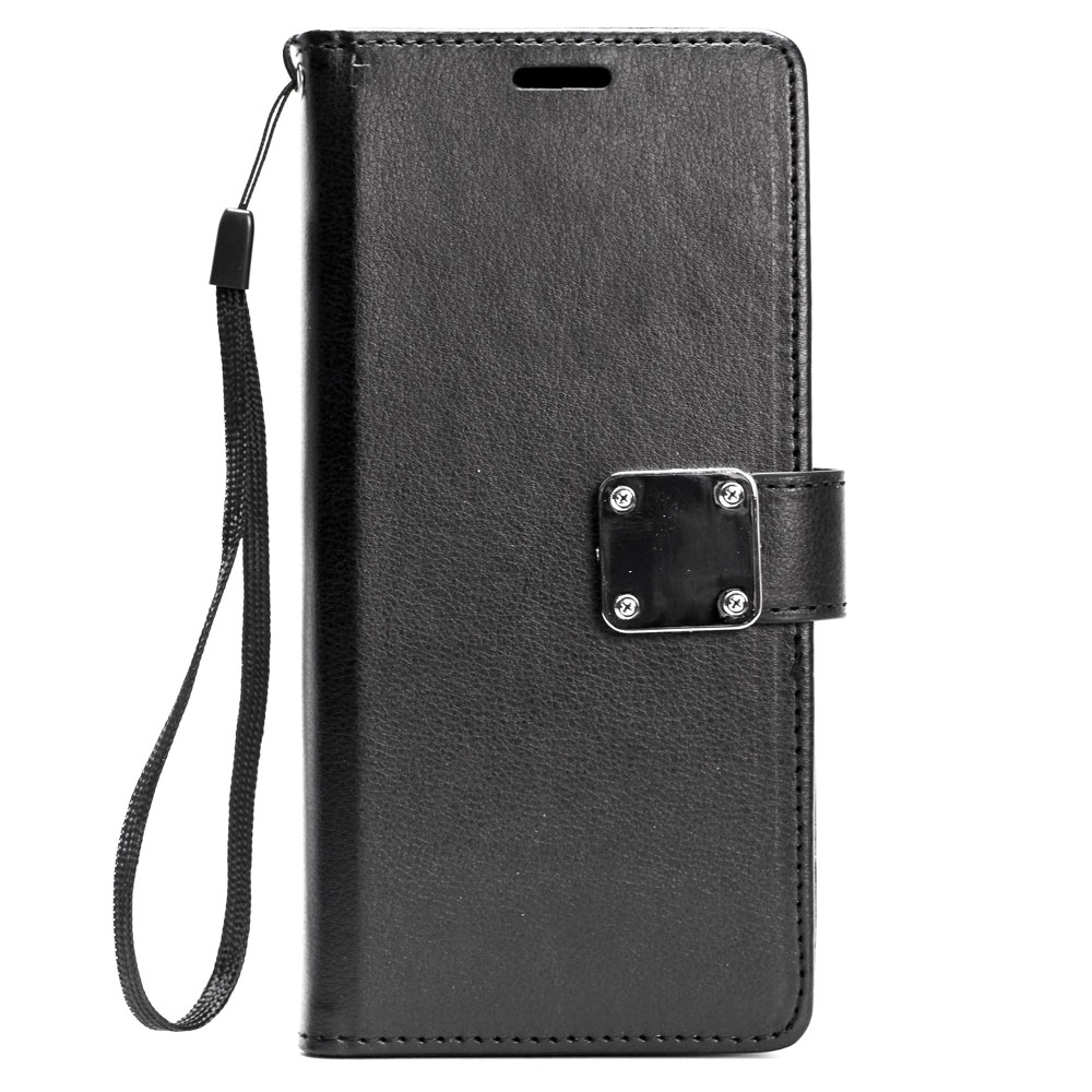 iPhone 8 Plus / iPhone 7 Plus Multi Pockets Folio Flip LEATHER Wallet Case with Strap (Black)